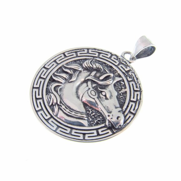 Solid 925 Sterling Silver Greek Meander Puzzle Key Horse Head Equestrian Pendant - Picture 7 of 10